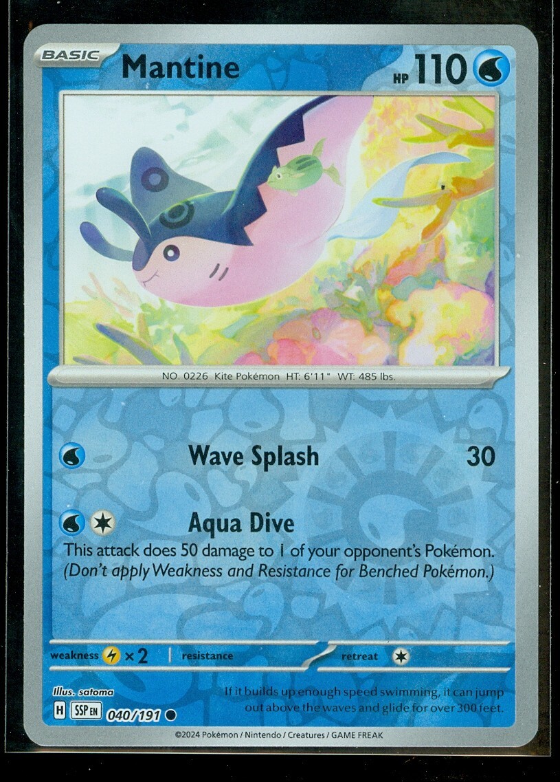 Pokemon MANTINE 040/191 - Surging Sparks - Rev Holo - - MINT