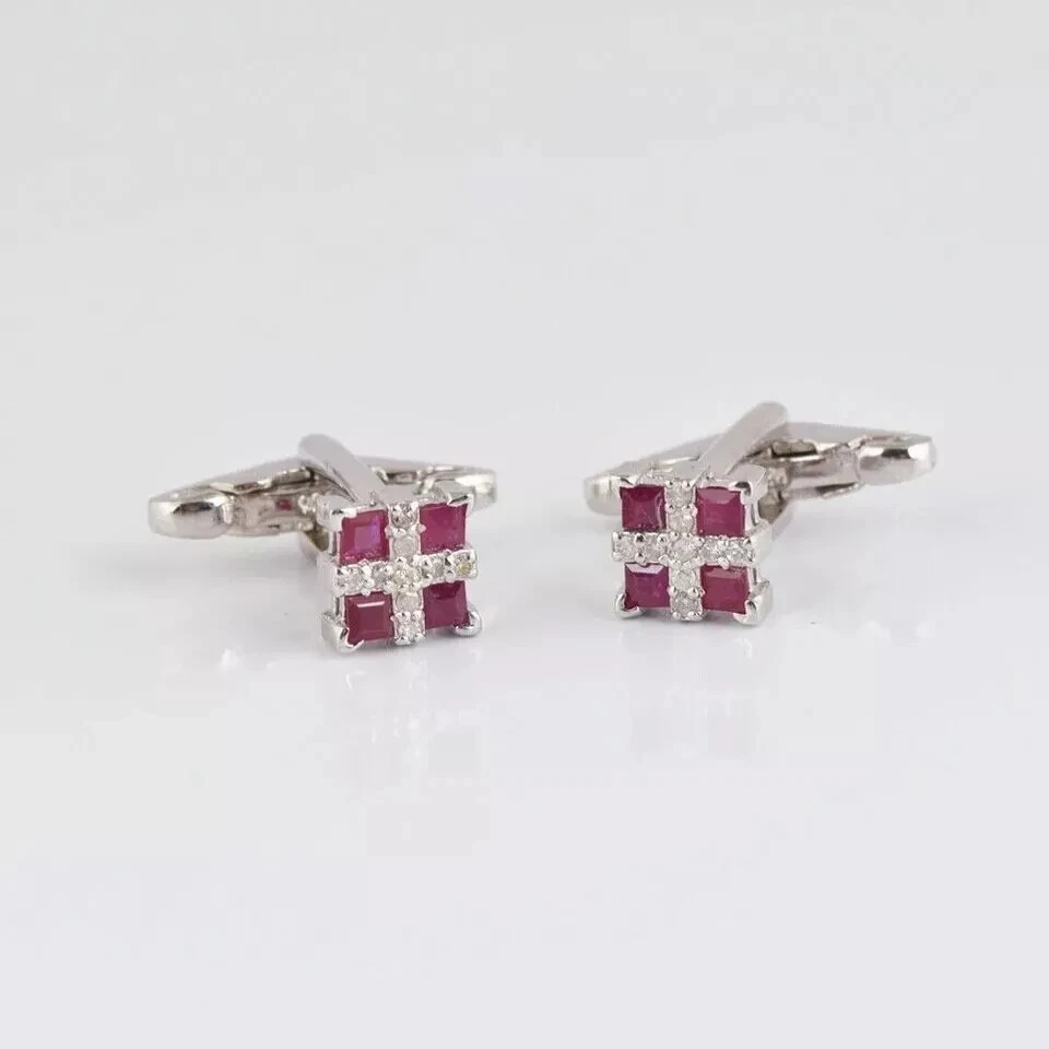 Princess Cut Lab-Created Red Ruby Men's Wedding Cufflinks 14k White Gold Plated - Image 2 of 4