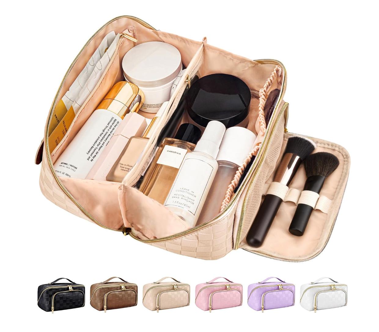 Makeup Bag Checkered Cosmetic Bag Large Capacity PU Leather Waterproof Chec-image