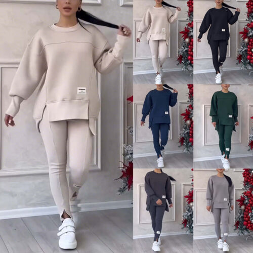 2PCS Womens Round Neck Long Sleeve Tops Casual Loose Pants Trousers Bottoms Set