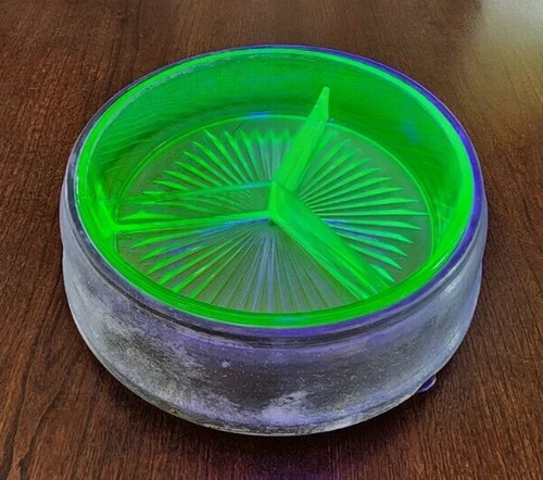 Vintage Green Uranium Depression Glass Divided Candy Dish Footed Holder