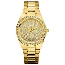 NEW GUESS SHINY GOLD TONE,CRYSTALS BEZEL,CLASSIC BRACELET WATCH U11055L1