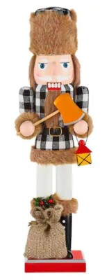 Wooden Christmas Nutcracker, 15'', LUMBERJACK WITH AXE, LAMP & SACK BAG, HAH