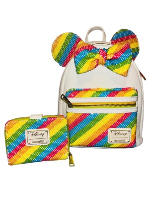 Loungefly Disney Sequin Rainbow Minnie Mini Backpack and Wallet Set~NWT 
