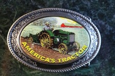 VINTAGE AMERICA'S TRACTOR STAINLESS STEEL ENAMEL MEN'S BELT BUCKLE w BORDER