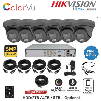 HiLook Hikvision 5MP ColorVu CCTV Kit 4CH/8CH DVR Kamerasystem IP66 grau