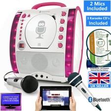 Bluetooth PINK Karaoke-Maschine, 2. Mikrofon, CD-Player. Link Tablet/Telefon/TV. UK NEU