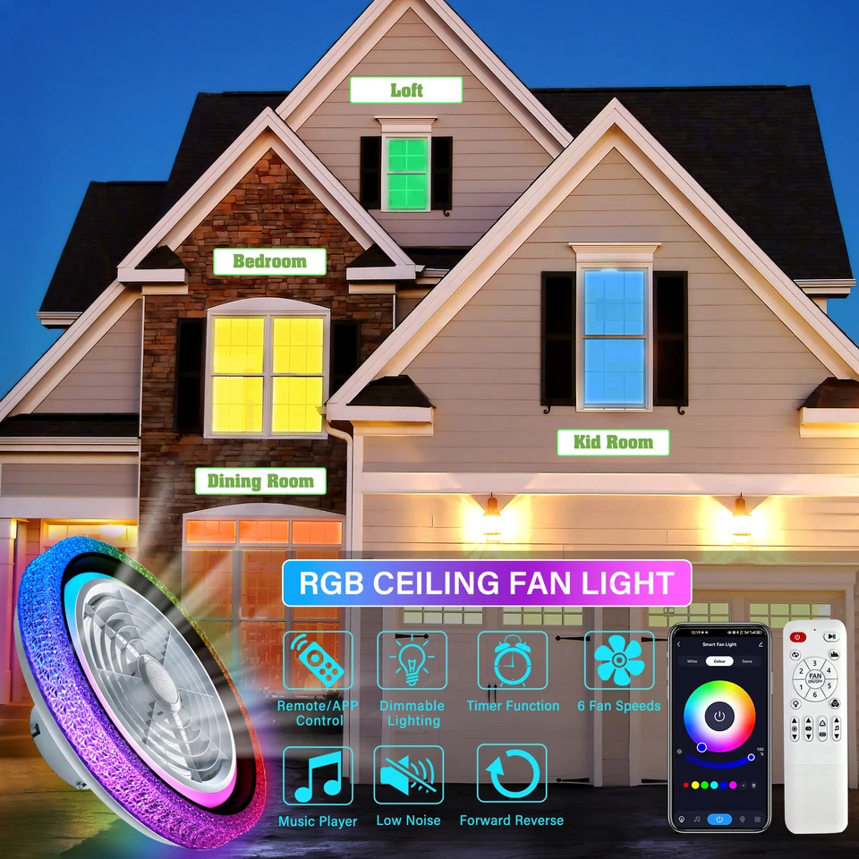 TCFUNDY 20" Smart Ceiling Fan with Light Alexa Google Control +Bluetooth Speaker - Image 3 of 4