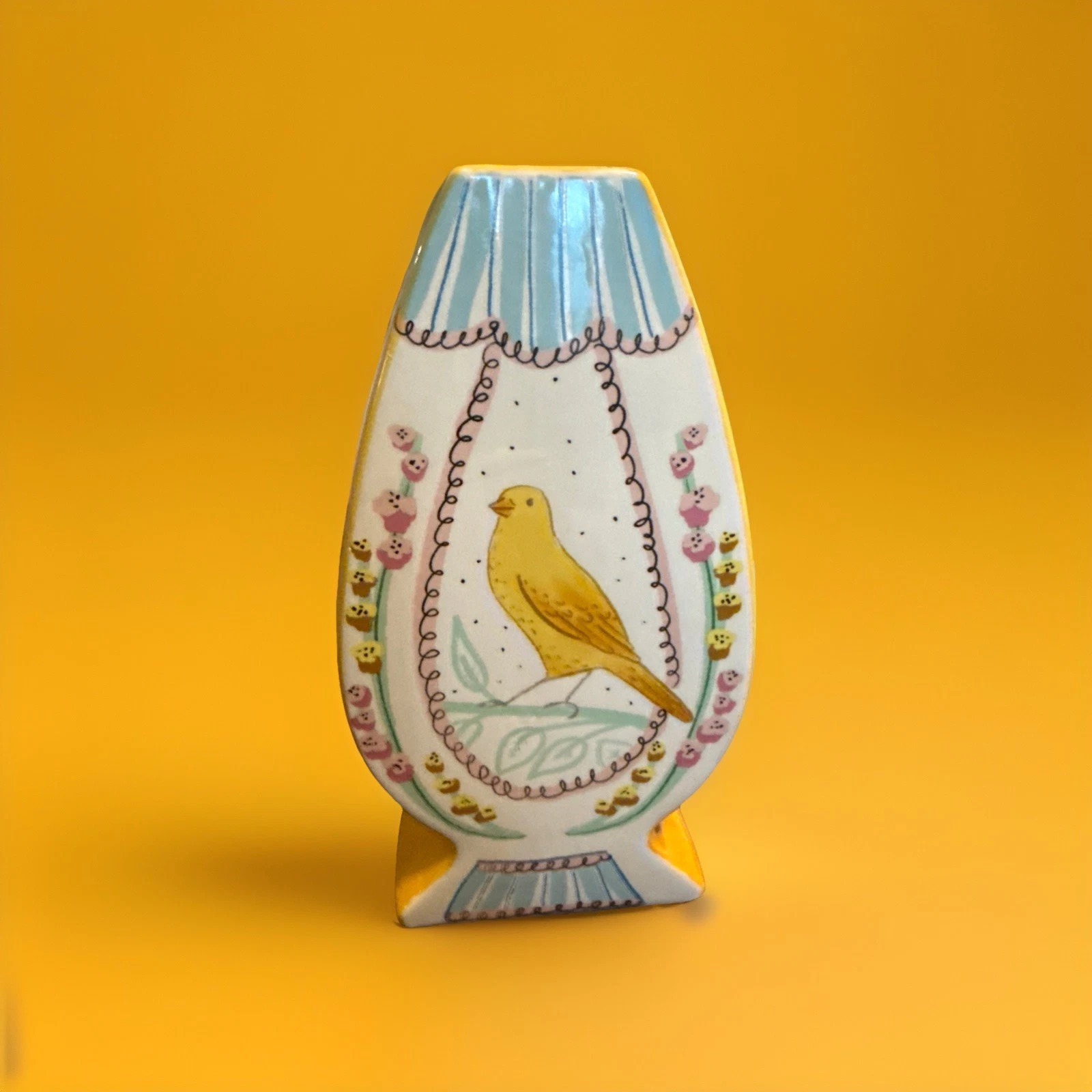 Creative Co-Op Double Sided Ceramic Vase With Bird And Floral Pastel Colors