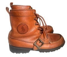 Polo Ralph Lauren Ranger Brown Leather Buckle Lace Up Boots Size 4 Youth EUC