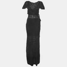 Chanel Black Jersey Lace Detail Maxi Dress S