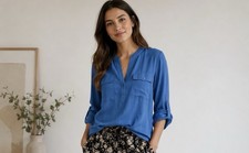 Simply Vera Vera Wang Womens XS Blue Split Neck Roll Tab Sleeve Tunic Blouse Top