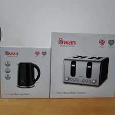 Swan Toaster And Kettle Set Black 4 Slice 3kw Fast Boil Kettle Easy Use