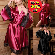 Women Sexy Satin Silk Lace Long Bride Kimono Bath Robe Nightdress Dressing Gown