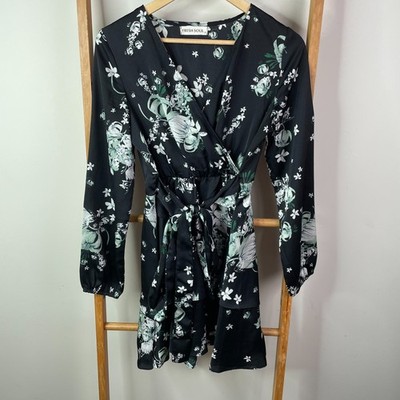 Fresh Soul Dress Womens 8 Black Floral Faux Wrap Long Sleeve Knee Length V-Neck
