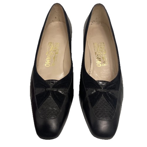 VTG Salvator Ferragamo Black Leather Snake Heel Pumps Size 9B