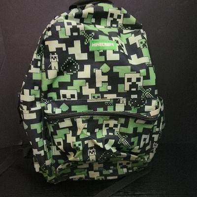 Minecraft Backpack Black Green Pixelated Block Pattern Padded Gaming