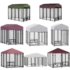 PawHut Outdoor Dog Kennel, Dog Playpen w/ Rotating Bowl Holders Cover