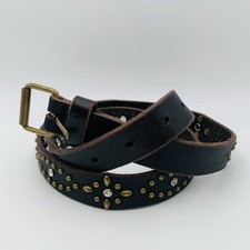 Leather Belt Womens Studded Rhinestone Brass Buckle Medium Dark Brown 31-35 in