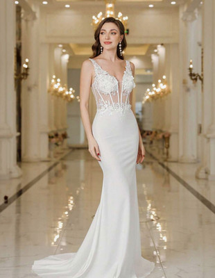 Vestido de Novia elegante con escote en V y cuentas bordadas
