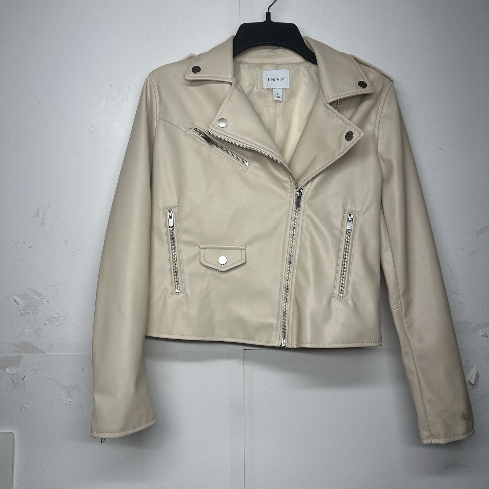 Women’s Nine West Faux Leather Moto Jacket Size Small Cream Zip Pockets