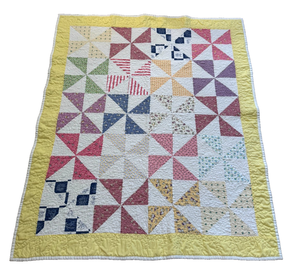 Vintage 1930-60's Handmade Quilt Pinwheel Multi-Color Baby Toddler 42" x 49" USA