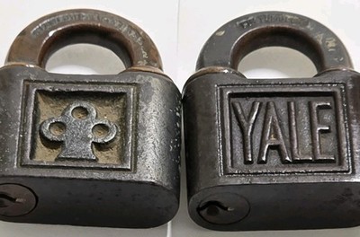 2 Vintage Pre-1925 YALE & TOWNE  CLOVER Push  Brass & Steel Padlocks NO Keys