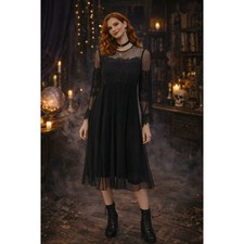 Pieces Sheer Tulle Dress Small Black Lace Mesh Midi Whimsigoth Dark Fairy Whimsy