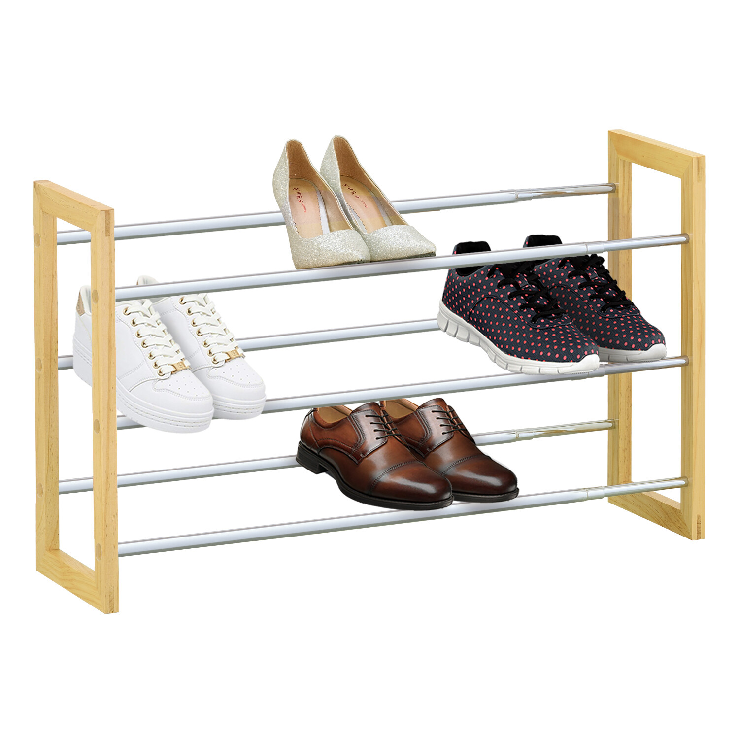 KNIGHT 2 Tier/3 Tier Extendable Shoe Rack Chrome Plated Metal with Pine