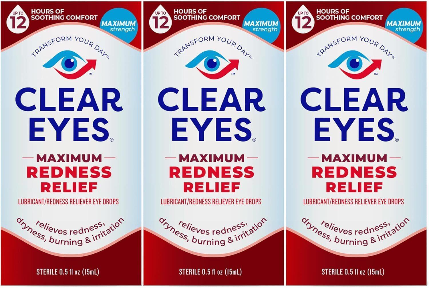 Clear Eyes Maximum Redness Eye Relief Eye Drops, 0.5 Fl Oz, Pack of 3