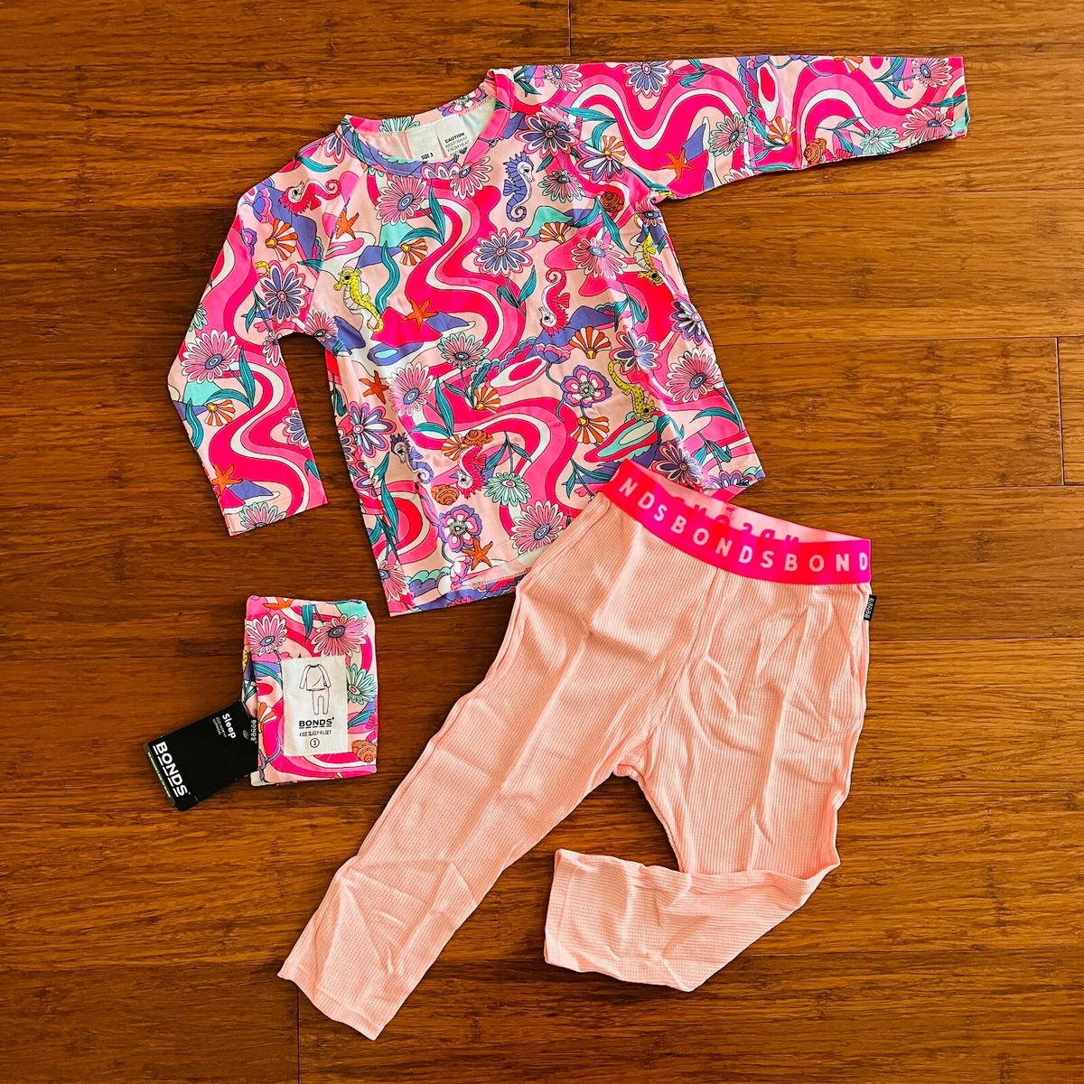 Bonds Baby Pink Floral Seahorse Long Waffle PJ Pyjama Sleep Set Size 3 BNWT