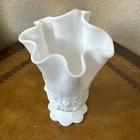 FENTON Art Glass Swung MILK GLASS Embossed ROSES Handkerchief  VASE   Vintage EX