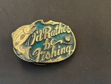 Vintage 1985 I'd Rather Be Fishing Brass Belt Buckle Great American Buckle USA