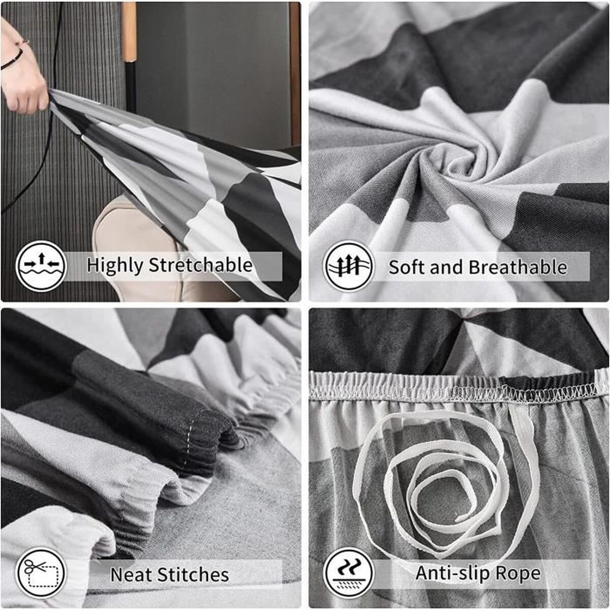 Housse de canapé 3 places extensible 195-230 cm gris et blanc