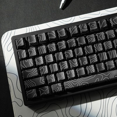 Black Topographic Keycaps, Double Shot PBT, Shine Through, Side Printed, Cherry