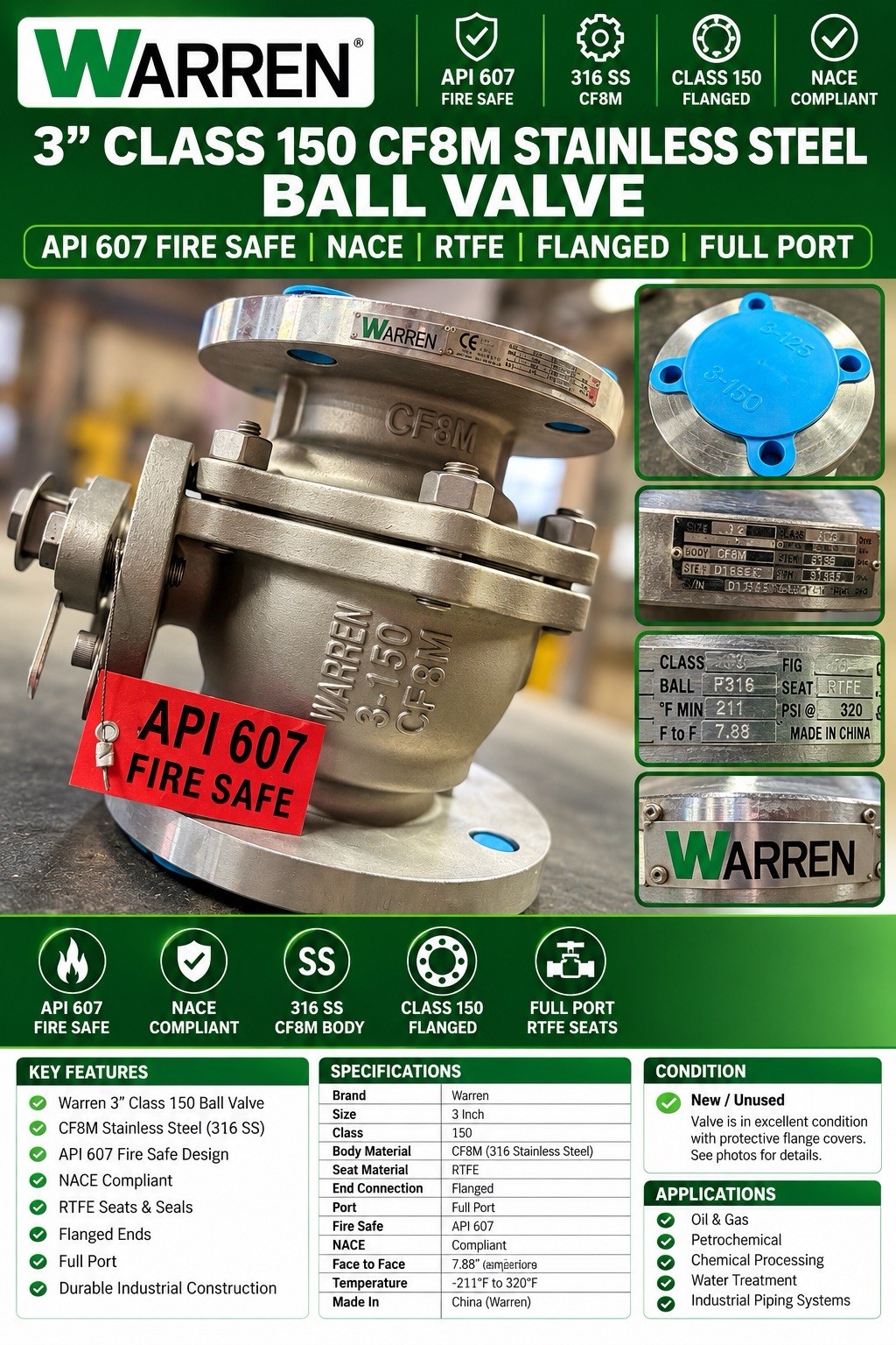 Warren 3” Class 150 CF8M SS Ball Valve API 607 Fire Safe NACE RTFE Flanged