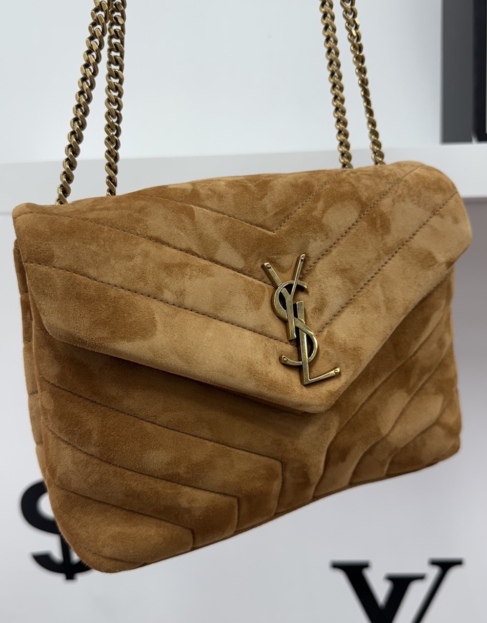 SAINT LAURENT Borsa a tracolla piccola Loulou in camoscio marrone