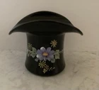 Fenton Art Glass Black Glass Top Hat Vase Hand Painted C Smith