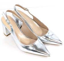 Metallic Silver Pointed Toe Slingback Block Heel Pumps Women Sz 9 Preppy Vtg