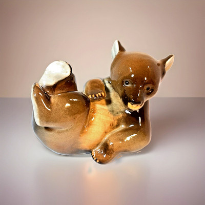 Lomonosov LFZ USSR Porcelain Playful Brown Bear Cub Figurine Animal Decor
