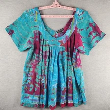GreaterGood Shirt Womens 2XL Blue Boho Tie Dye Crinkle Tunic Short Sleeve