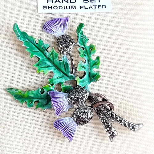 Vintage Scottish Thistle Brooch Marcasite Purple Green Enamel Rhodium Plated 2"