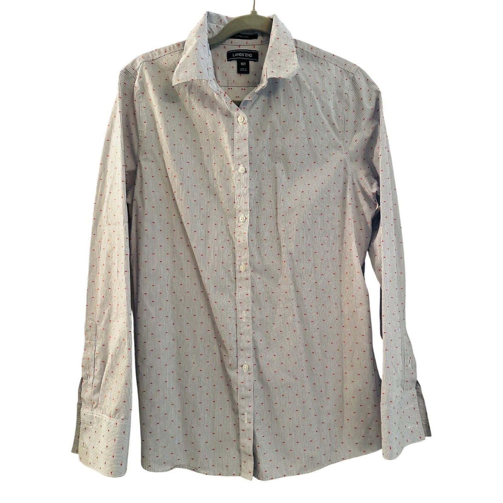 Land's End 100% Supima Cotton No Iron Button Front Shirt Women's 10 Tall Stripe