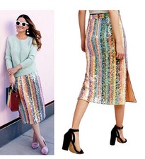Anthropologie Maeve Sequined Stripe Pailette Midi Skirt Womens Size 2 312