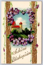 Antique Czech Greetings Castle Violets Gold Embossed Art 1910s