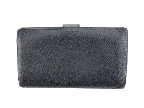 CHANEL Black Caviar Skin Gold Kiss Lock Long Wallet Bi fold