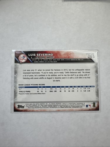 Camiseta deportiva 2016 Topps - Luis Severino #265 blanca; horizontal (RC) - Imagen 2 de 2