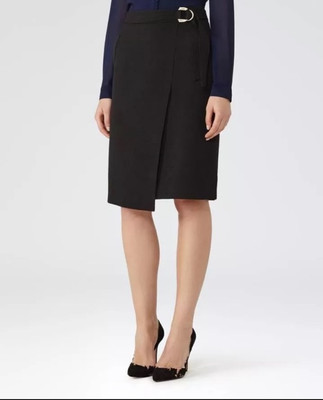 Reiss Kloss Black Wool Blend Wrap Front Buckle Pencil Skirt- Size