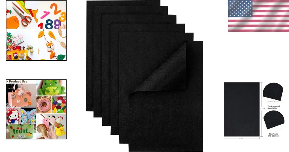 Hojas de tela de fieltro negras 6 piezas 8x12 cuadrados de fieltro artesanal para coser decoraciones hágalo usted mismo Foto 2 de 4