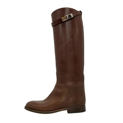 Auth HERMES Jumping Dark Brown Leather Women's Boots